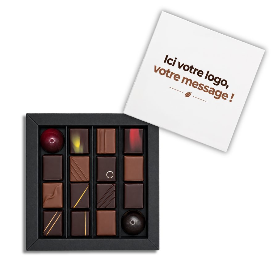 Coffret Carré Excellence personnalisable, 16 chocolats artisanaux Olivier Grimault